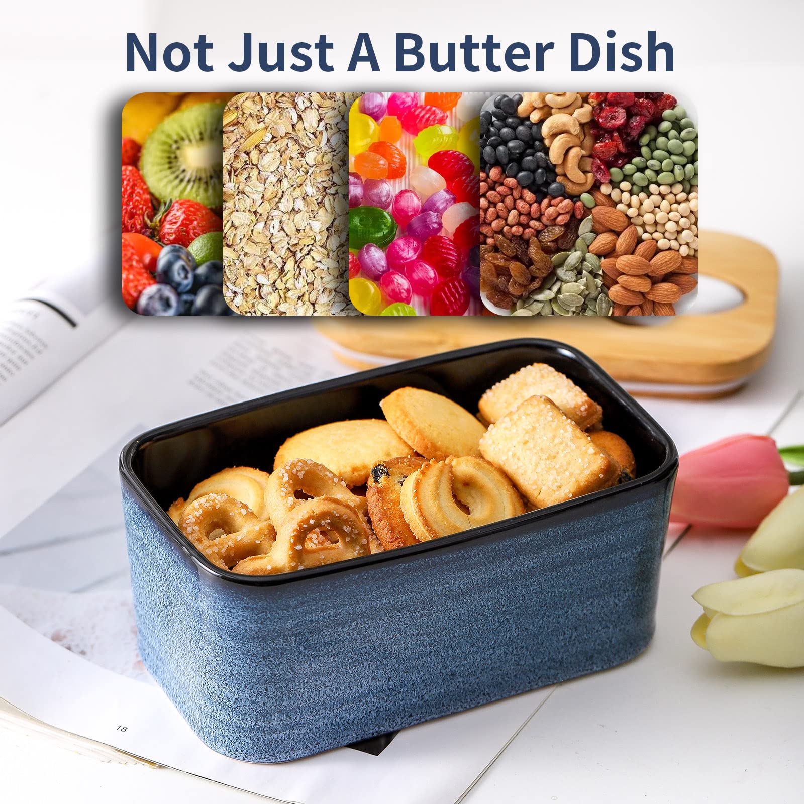 Hasense Airtight Butter Dish with Lid for Countertop and Refrigerator, Large Ceramic Covered Butter Holder Keeper Container with Knife and Silicone Sealing for Home Kitchen Farmhouse Decor, Navy