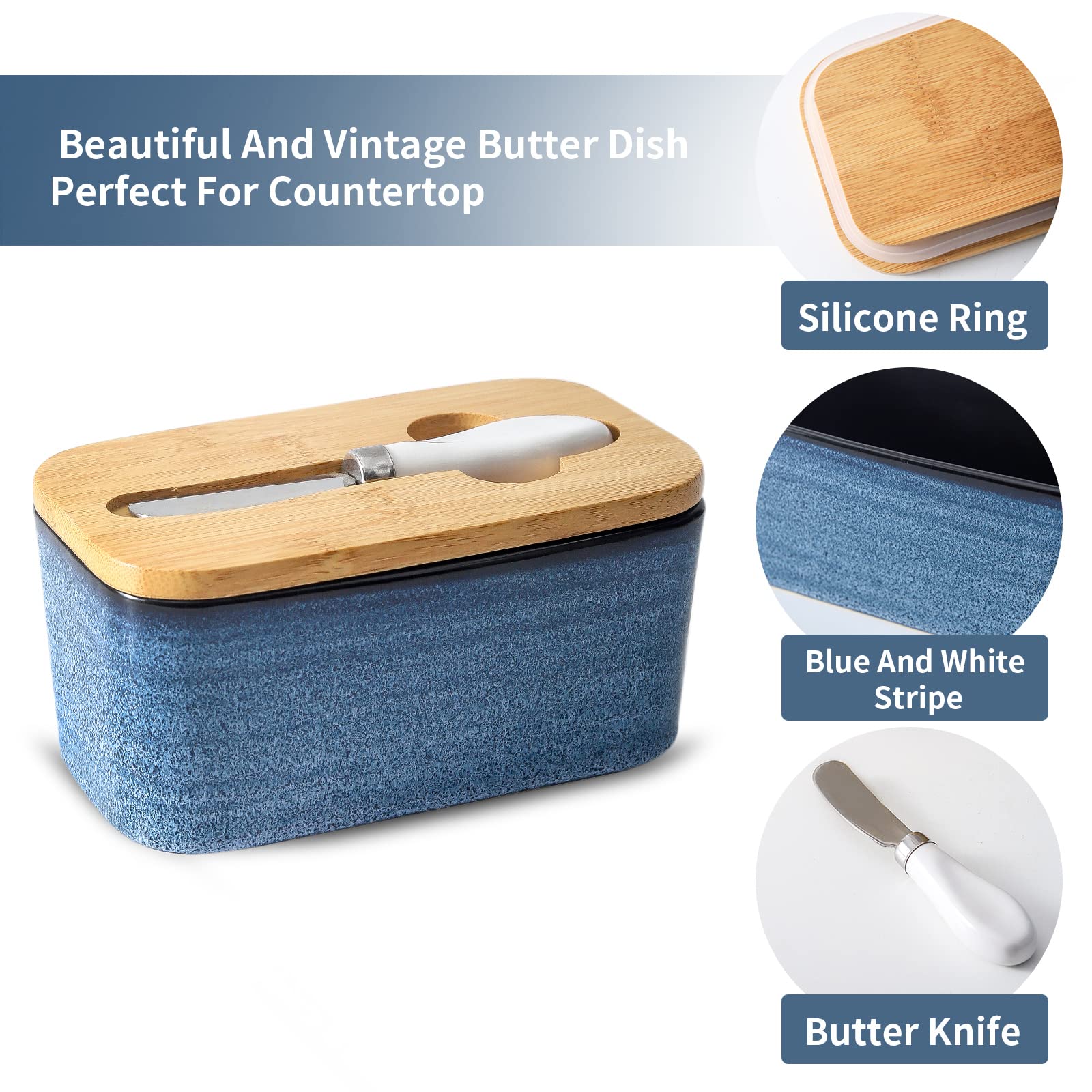 Hasense Airtight Butter Dish with Lid for Countertop and Refrigerator, Large Ceramic Covered Butter Holder Keeper Container with Knife and Silicone Sealing for Home Kitchen Farmhouse Decor, Navy