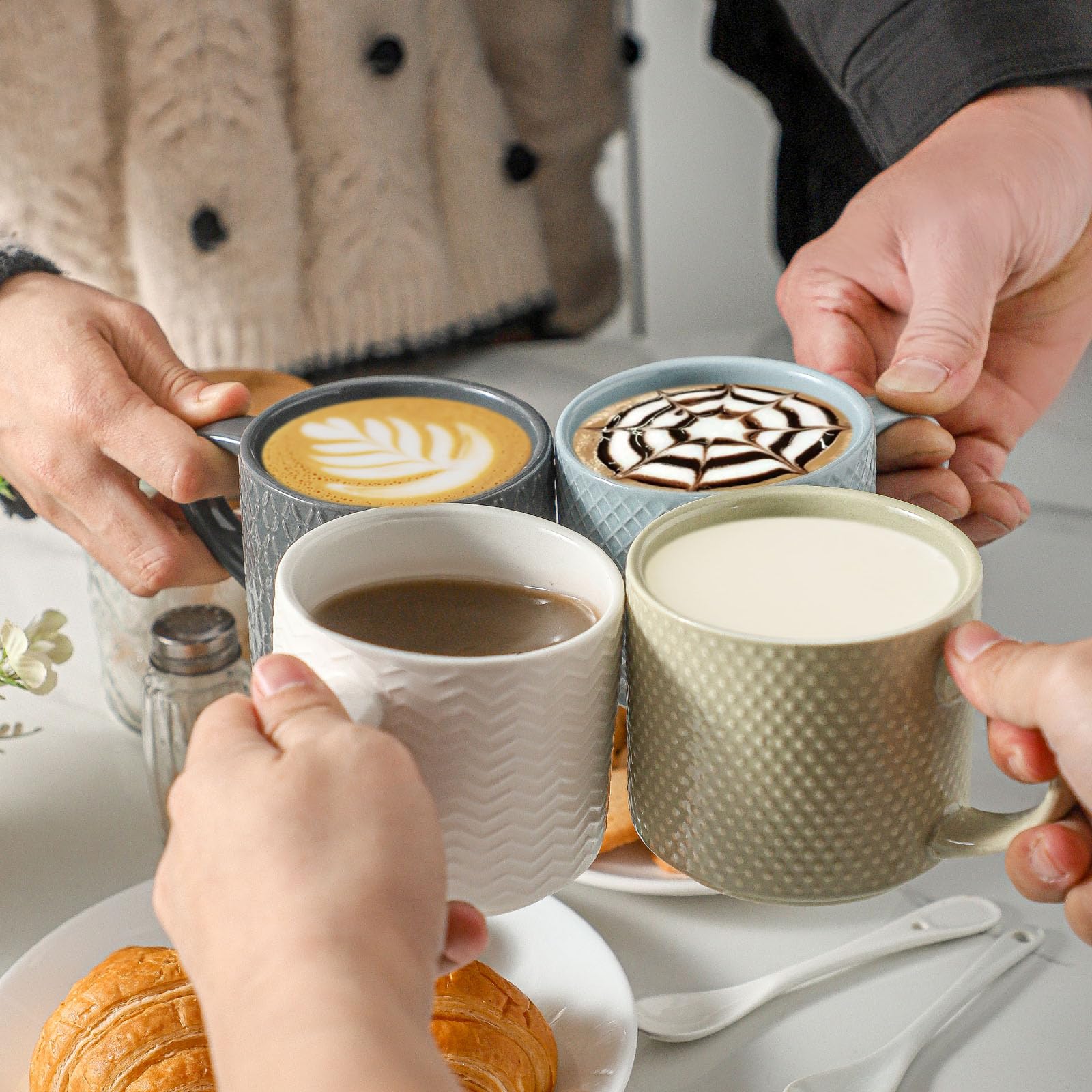 Hasense Coffee Mugs 12 OZ Ceramic Cups Set of 4, Stackable Embossed Coffee Cups with Rack, Porcelain Coffee Cups for Latte, Cappuccino, Mocha, Cocoa, Americano, Hot Tea and Milk, Multi Color