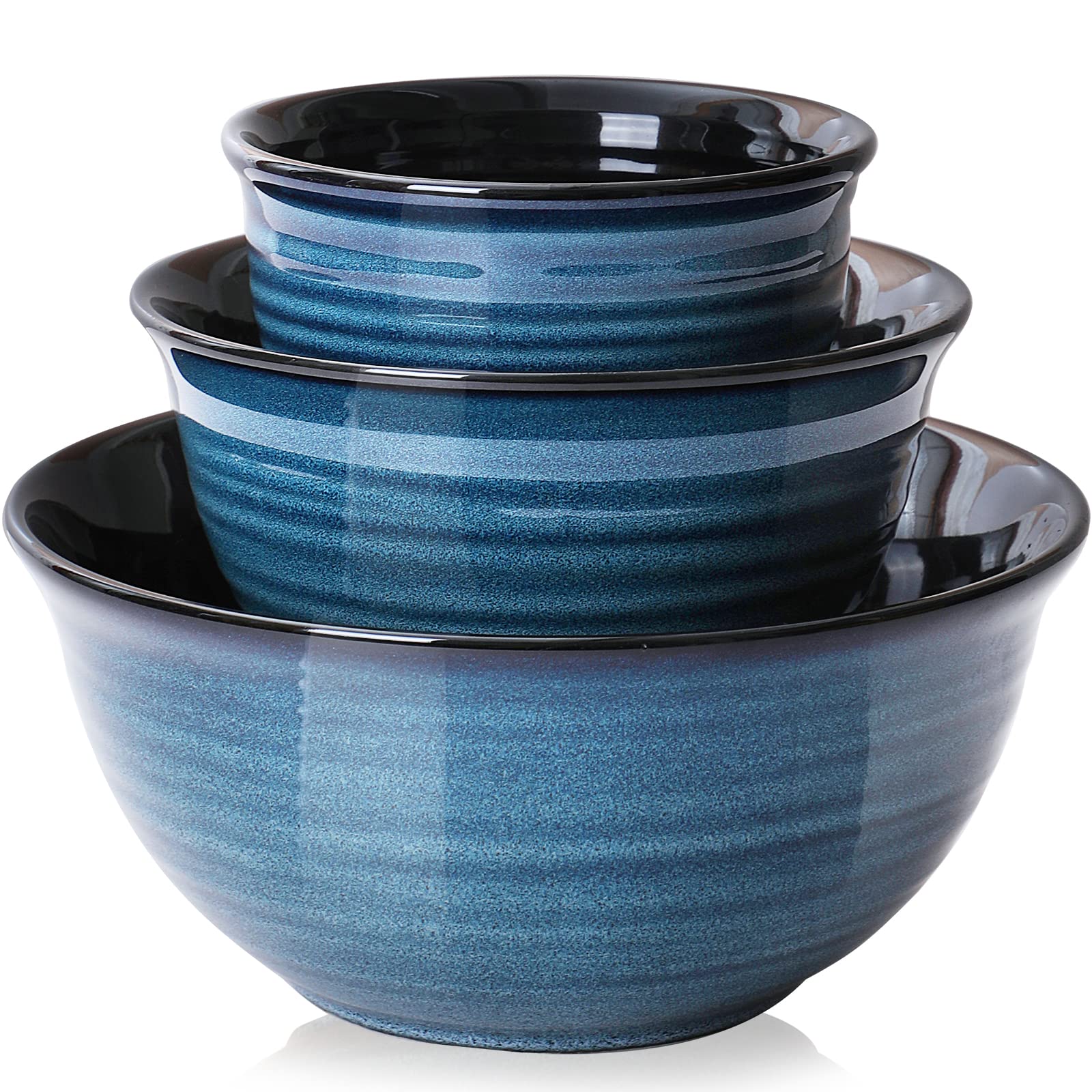 Hasense Large Mixing Bowls Set for Kitchen, Ceramic Serving Dishes for Entertaining, 2.1/1.0/0.5 Qt Deep Microwave Safe Nesting Batter Bowl for Storage and Baking, Blue