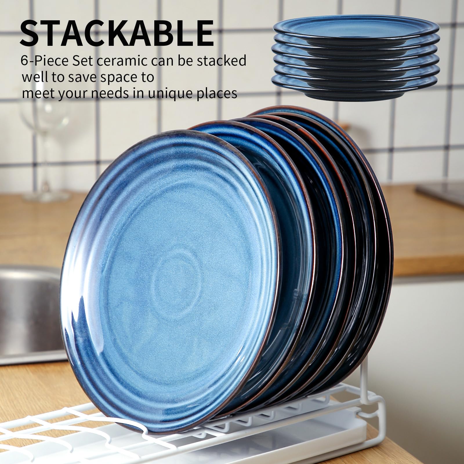 Hasense 10 Inch Dinner Plates Set of 6,Ceramic Large Porcelain Pasta and Salad Plates,Blue Stoneware Plate Set Microwave,Oven,and Dishwasher Safe