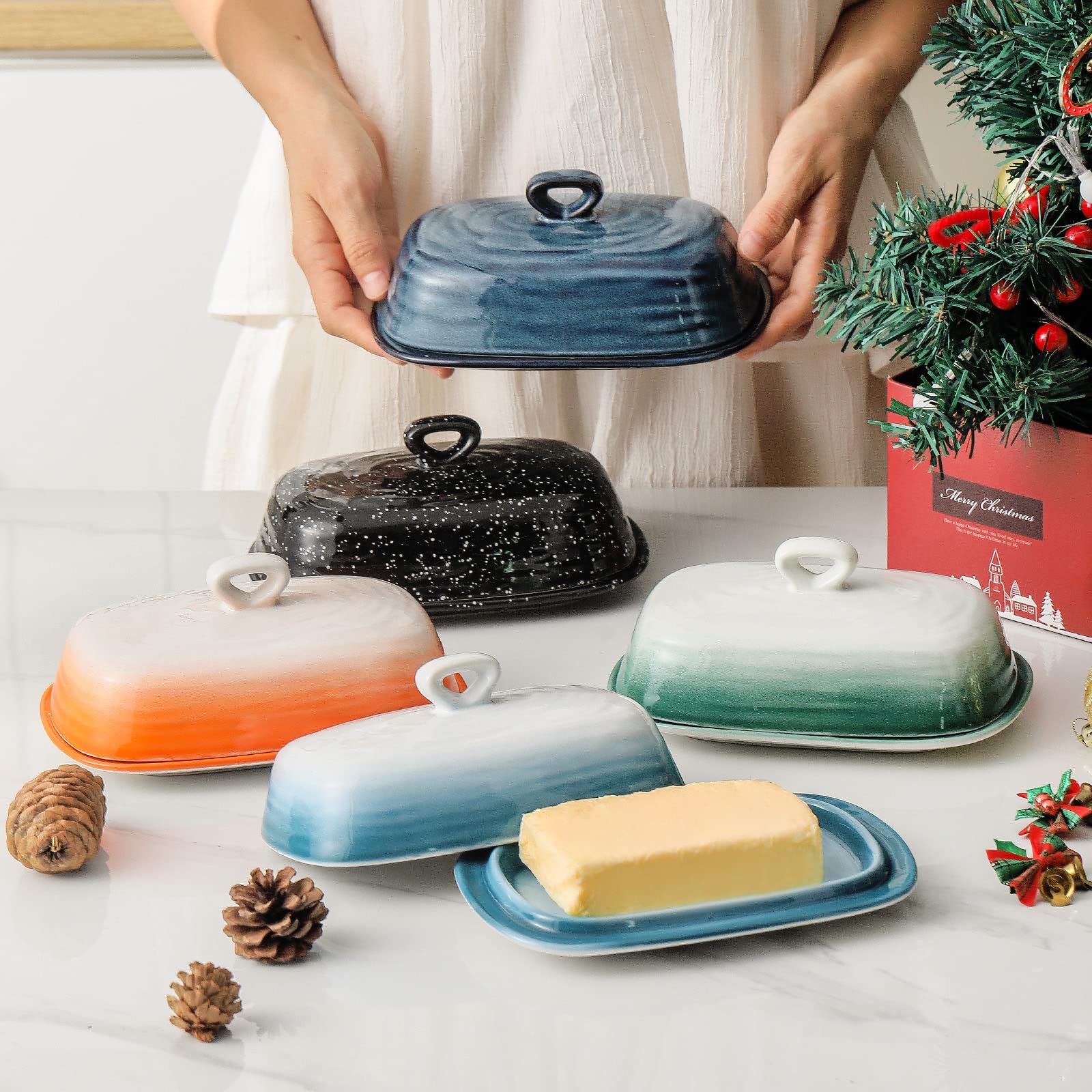 Hasense Butter Dish with Lid, Ceramic Butter Dish with Cover for Countertop, Porcelain Butter Keeper Holder with Handle Design for East West Coast Butter, Butter Tray with Lid for Fridge, Green